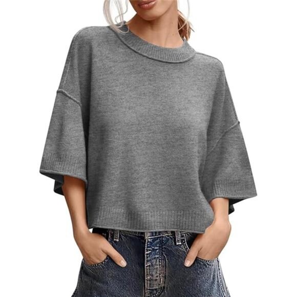 Womens Cropped Sweater Short Sleeve Oversized Knit Top Summer Lightweight Tee - Picture 5 of 5